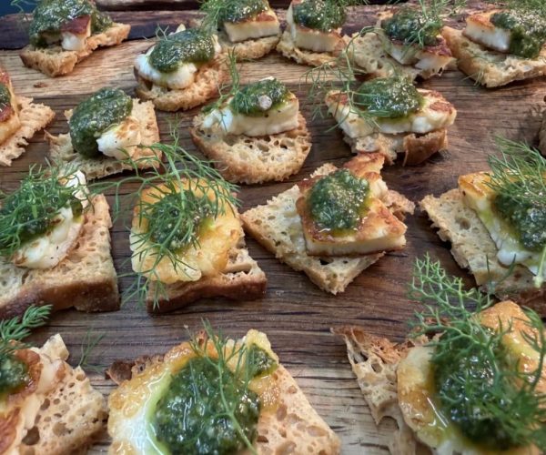 Fennel & Clove halloumi crostini & basil pesto